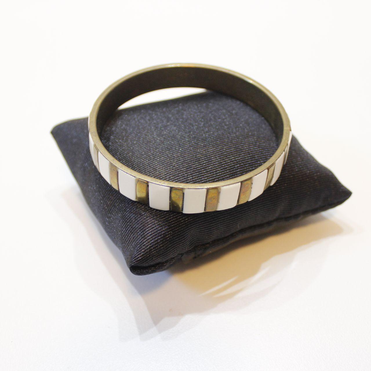 Striped Bangle Bracelet White Enamel Gold Tone Brass Look Fa