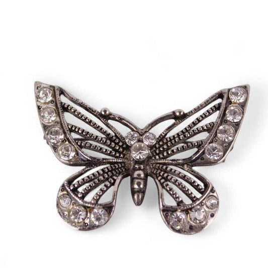 Butterfly Brooch Silver tone Filigree Clear Rhinestone Pin  Good pre-loved condi