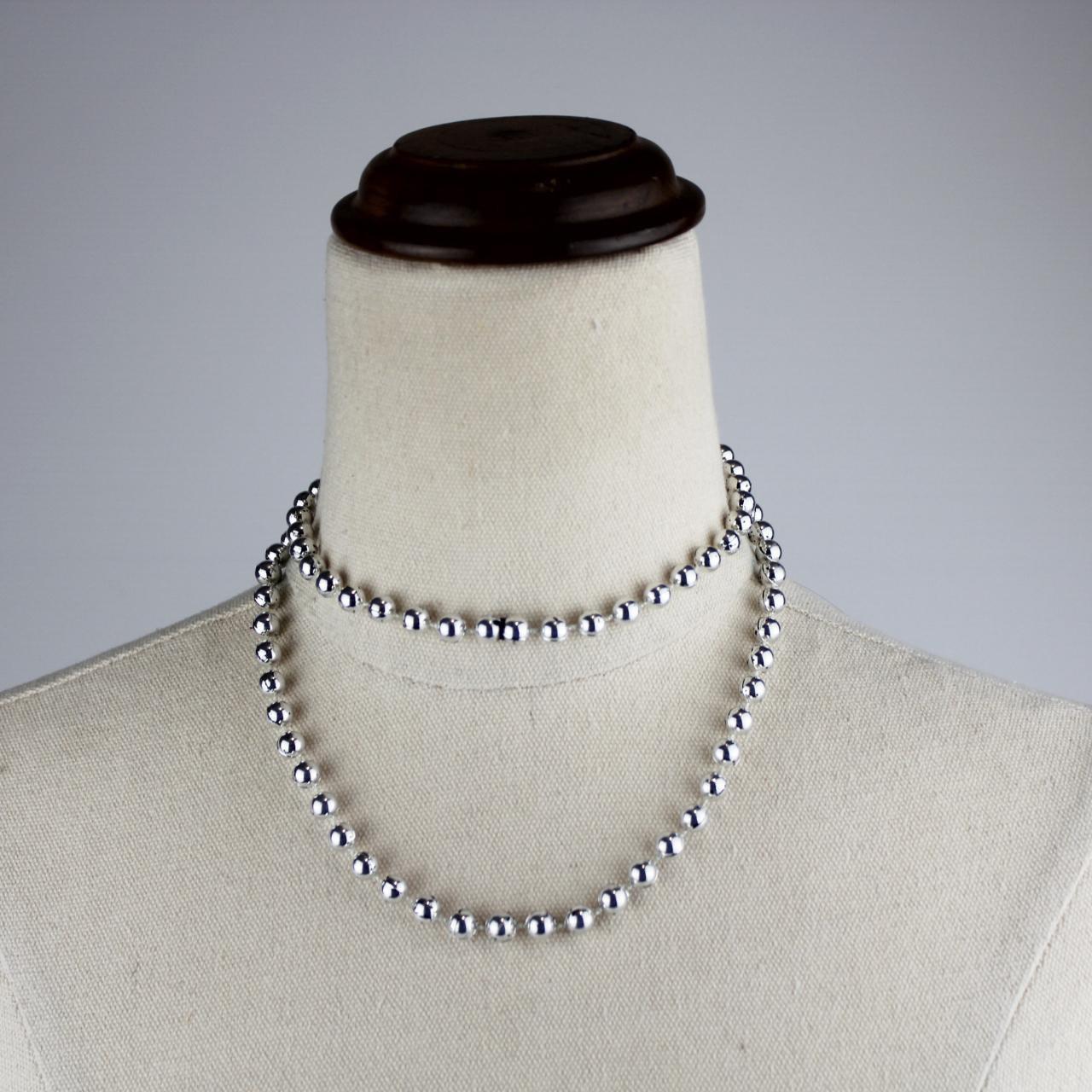 Beaded Necklace Silver Tone Small Round Beads Glossy Modern