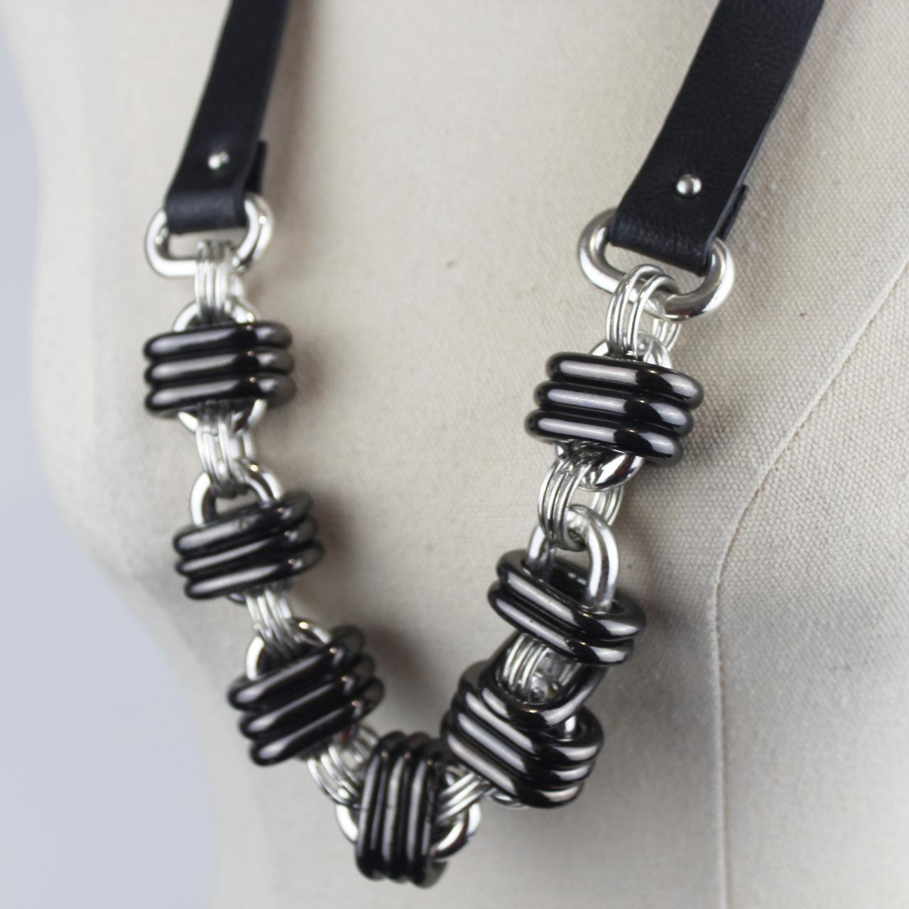Decjuba Statement Necklace Black Leather Silver Black Cylind