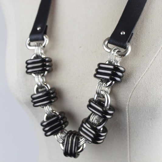 Decjuba Statement Necklace Black Leather Silver Black Cylind