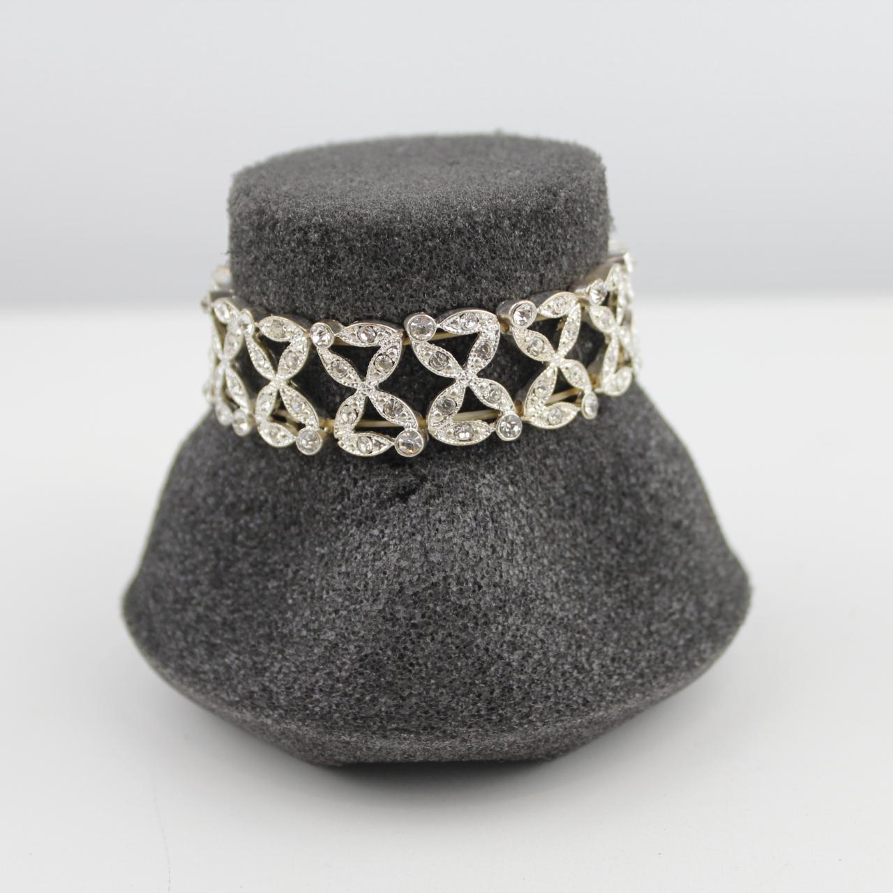 Silver Tone Bracelet Heart Openwork Design Rhinestone Encrus