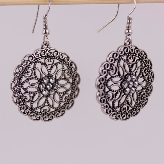 Silver tone Filigree Mandala Earrings Round Cut Out Lace Geometric Boho Dangle D