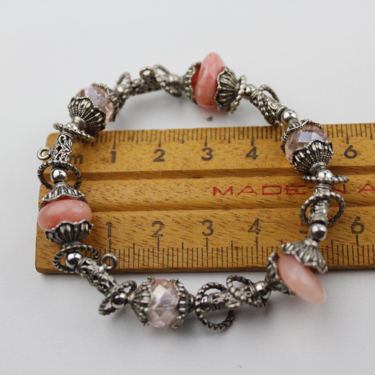 Vintage Silver Charm Bracelet with Pink and Clear Beads Eleg