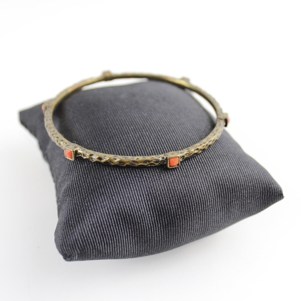 Vintage Bronze Tone Bangle Bracelet Red Square Stone Texture