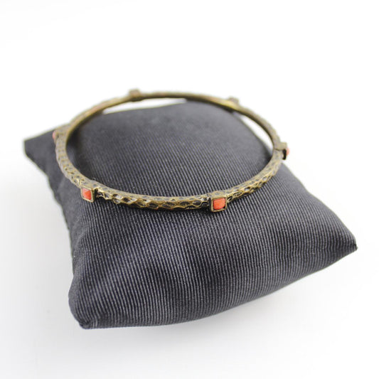 Vintage Bronze Tone Bangle Bracelet Red Square Stone Texture