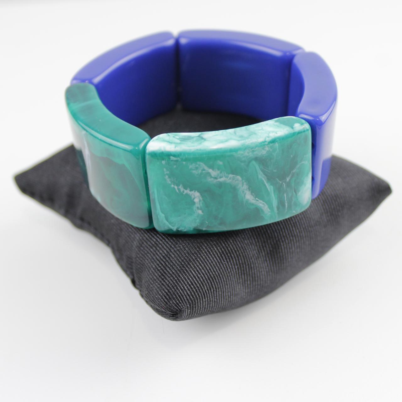 Vintage Lucite Bangle Bracelet Chunky Blue Green Marbled Mid