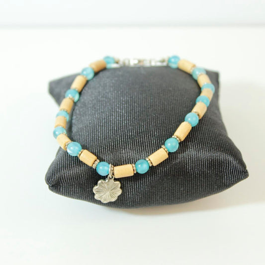 Silver Tone Blue Beaded Charm Bracelet Wood Tube Spacer Beads Flower Pendant