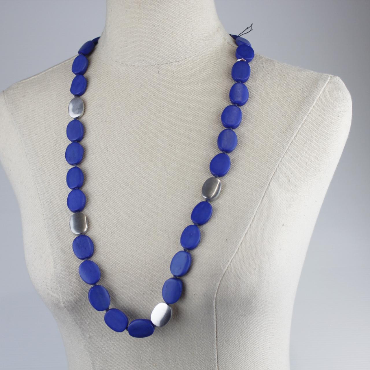 Long Beaded Necklace Blue Oval Beads Silver Discs Minimalist