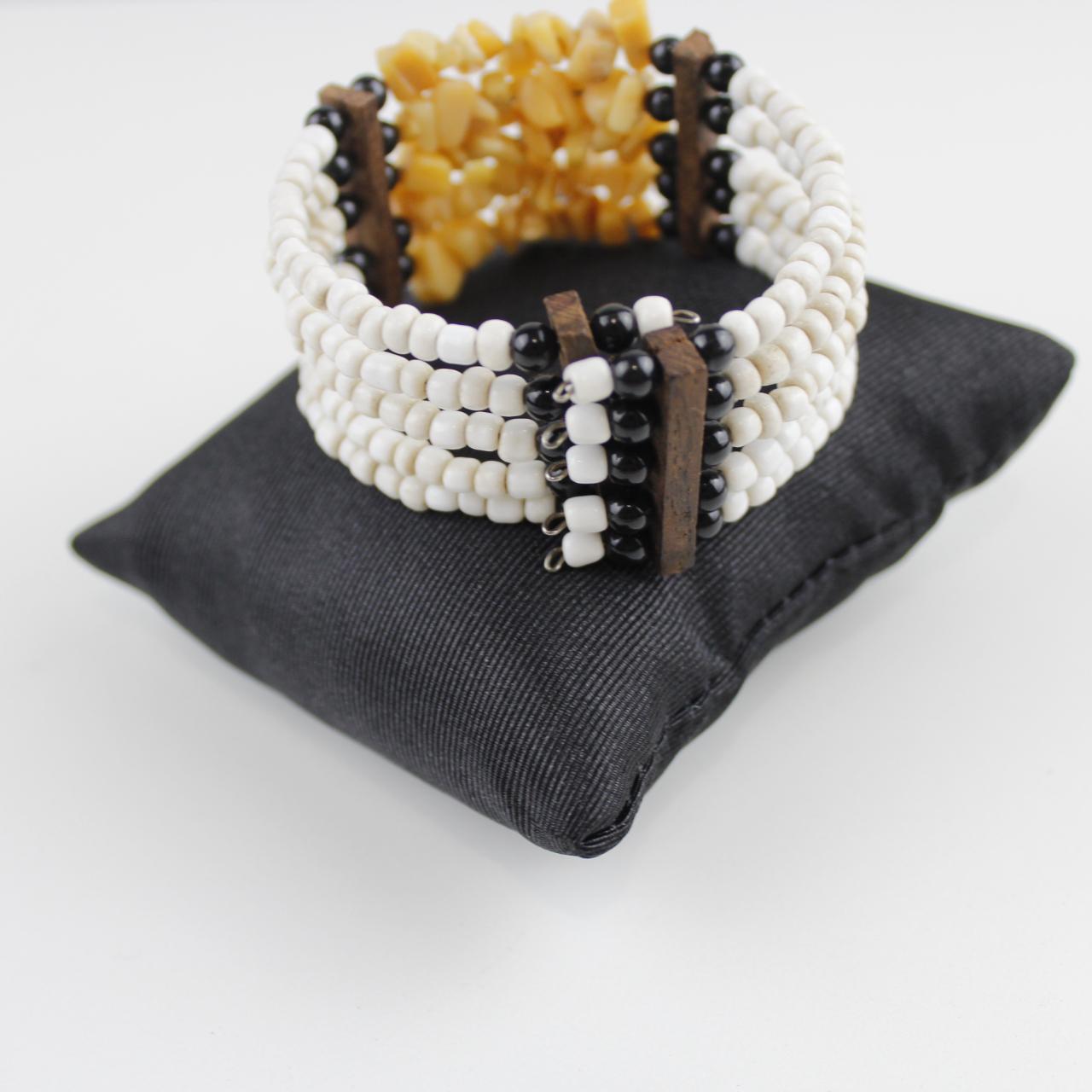 Boho Yellow Stone & White Bead Cuff Bracelet Tribal Statemen