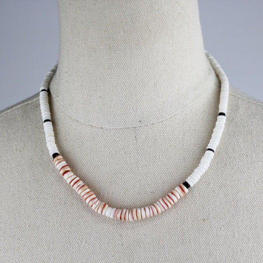 Handmade Shell Bead Necklace White Pink Black Boho Jewelry