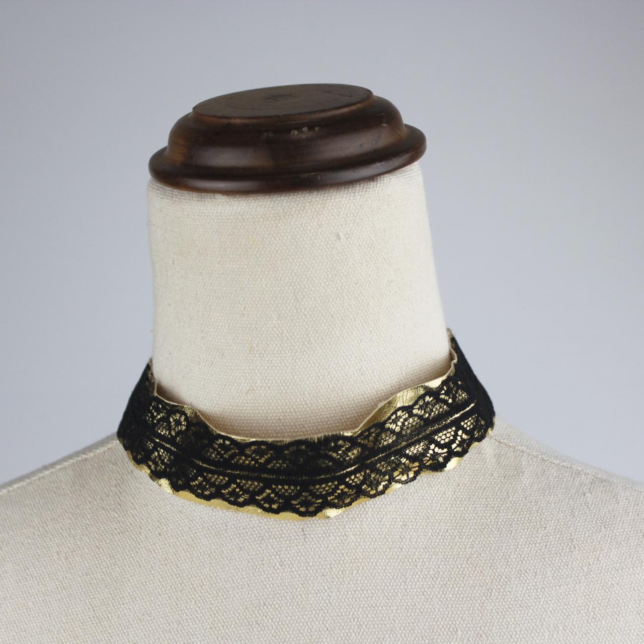 Choker Necklace Black Lace Gold Metallic Accents Wide Band E