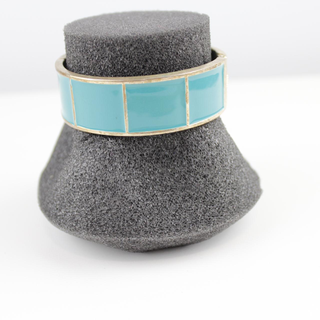 Vintage Enamel Clamper Bracelet Turquoise Blue Gold Tone Wid