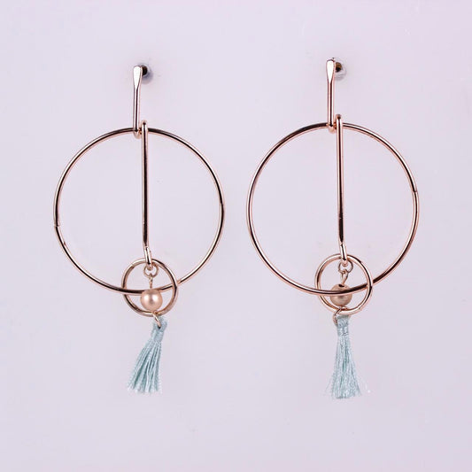 Rose Gold Tone Hoop Earrings Geometric Circle Dangle Tassel Light Blue Post Back