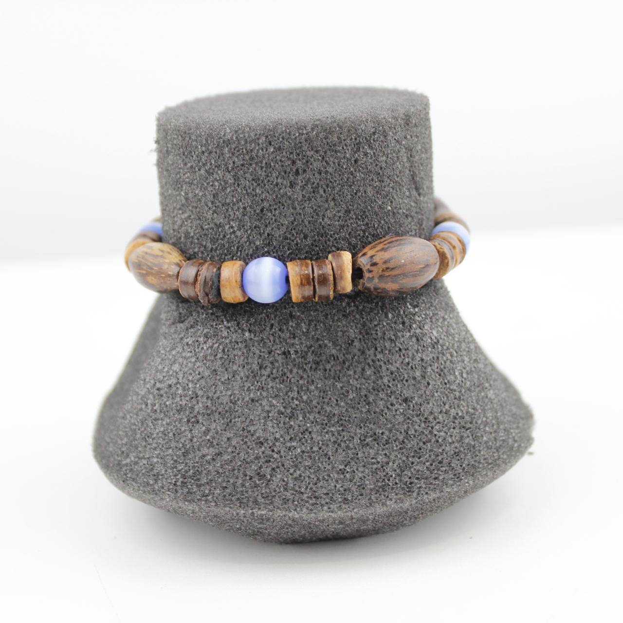 Wooden Bead Bracelet Brown Blue Glass Beads Bohemian Stretch