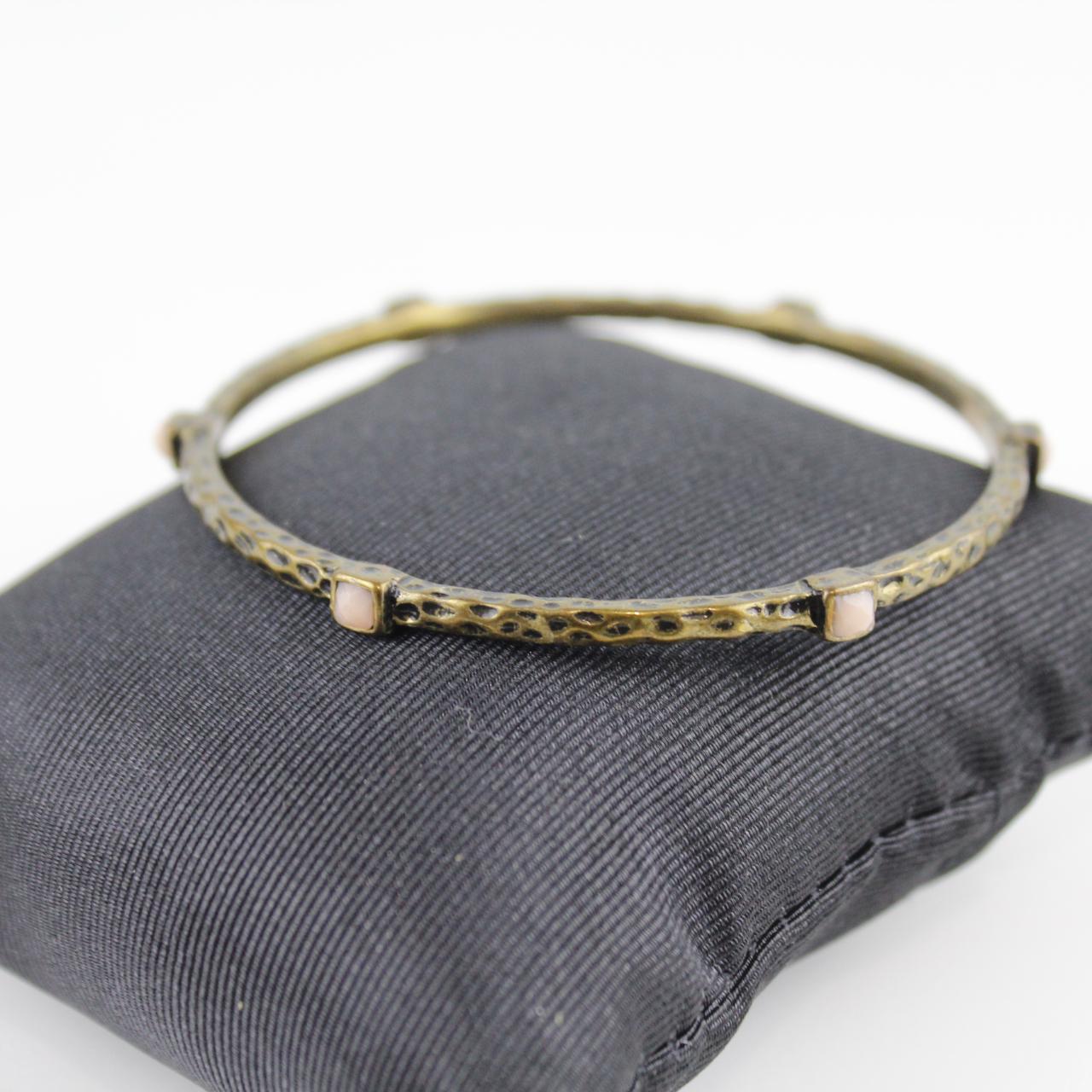 Vintage Bronze Tone Bangle Bracelet White Stone Textured Met