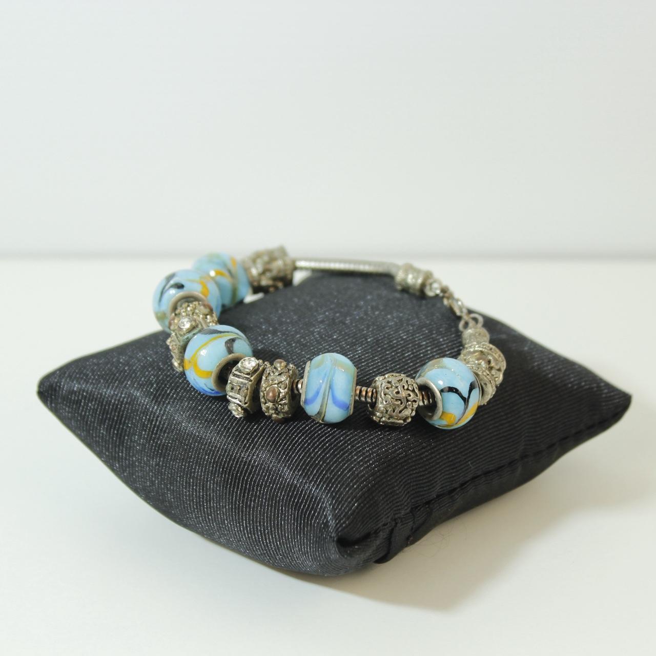 Light Blue Floral Glass Bead Charm Bracelet Silver Tone Clear Rhinestone Spacers