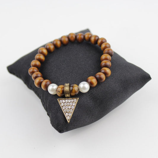Wooden Bead Bracelet Pearl Rhinestone Triangle Pendant Jewel