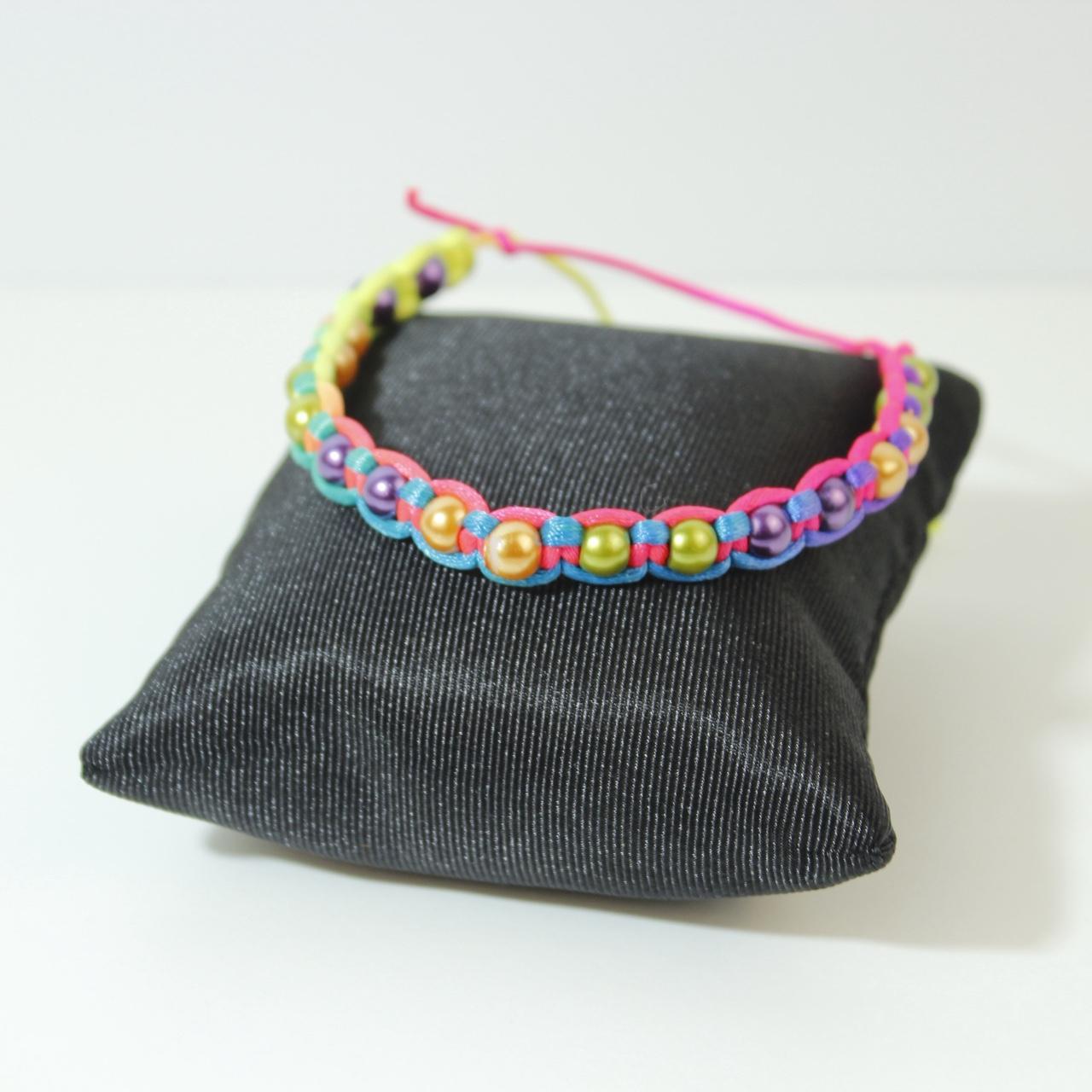 Woven Rainbow Smiley Face Bead Bracelet Gold tone Charm Y2K Boho Stacking