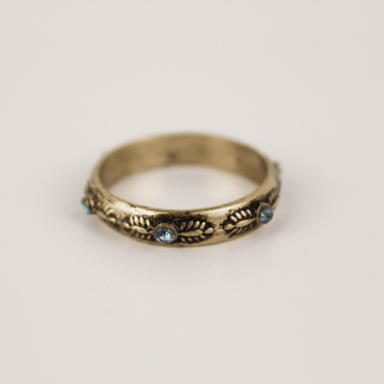 Gold Tone Etched Band Ring Blue Crystal Accents Boho Stackable Engraved Jeweller