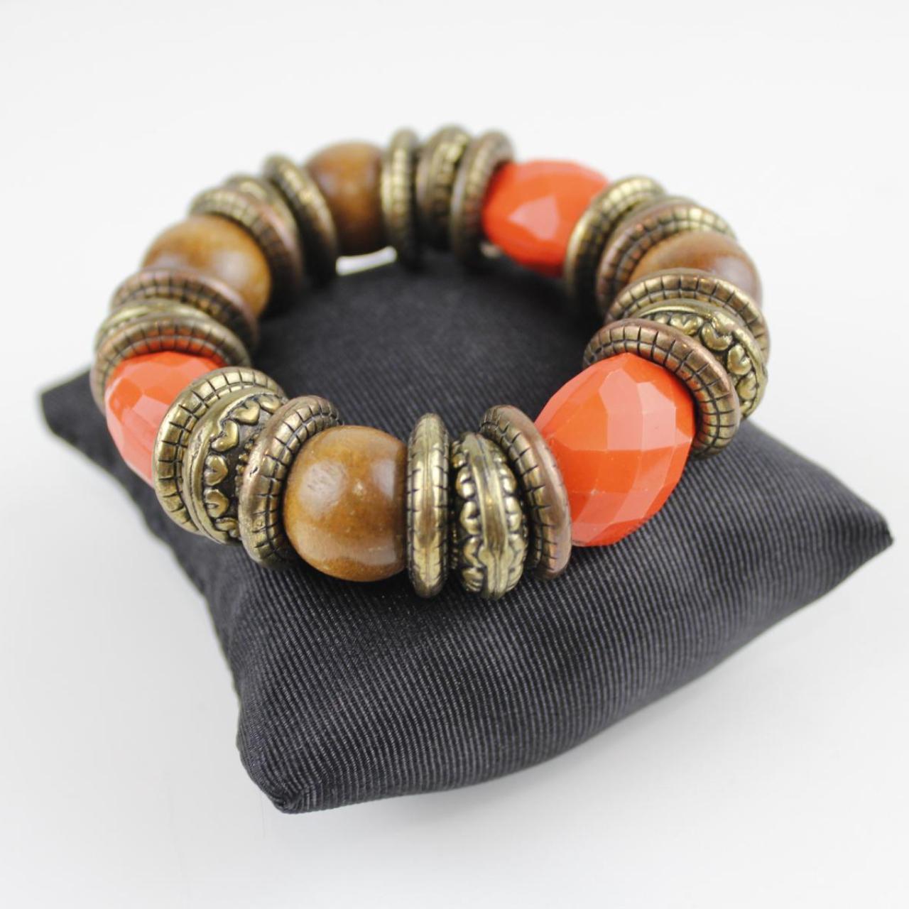 Boho Wood & Orange Bead Stretch Bracelet Chunky Statement Co