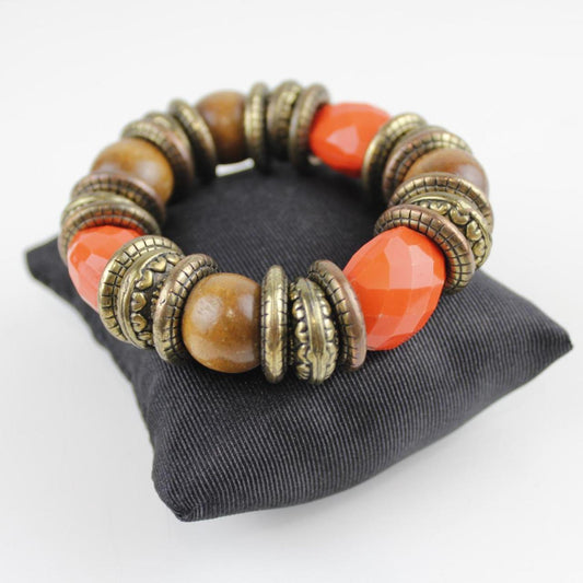 Boho Wood & Orange Bead Stretch Bracelet Chunky Statement Co