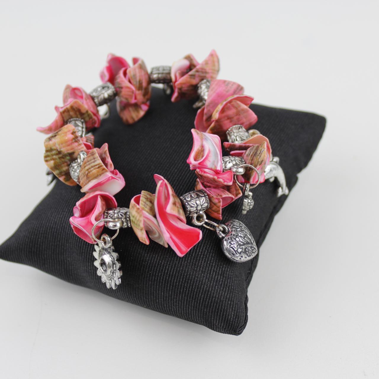 Handmade Pink Shell Charm Bracelet Dolphin Butterfly Heart S