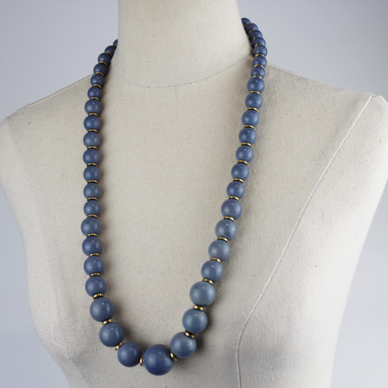 Long Blue Beaded Necklace Matte Blue Beads Gold Spacers Mini