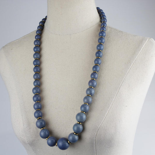 Long Blue Beaded Necklace Matte Blue Beads Gold Spacers Mini