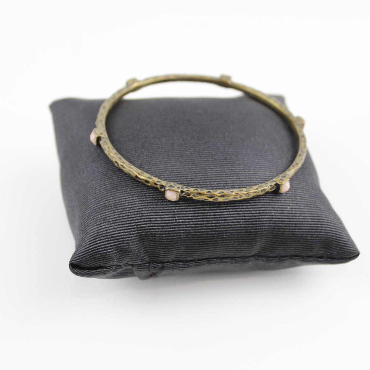 Vintage Bronze Tone Bangle Bracelet White Stone Textured Met