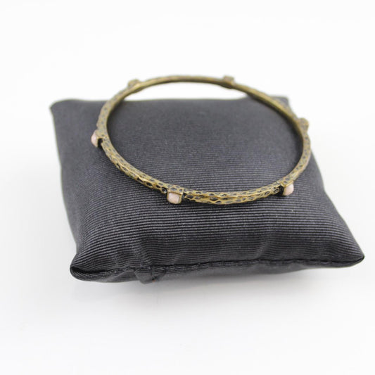 Vintage Bronze Tone Bangle Bracelet White Stone Textured Met