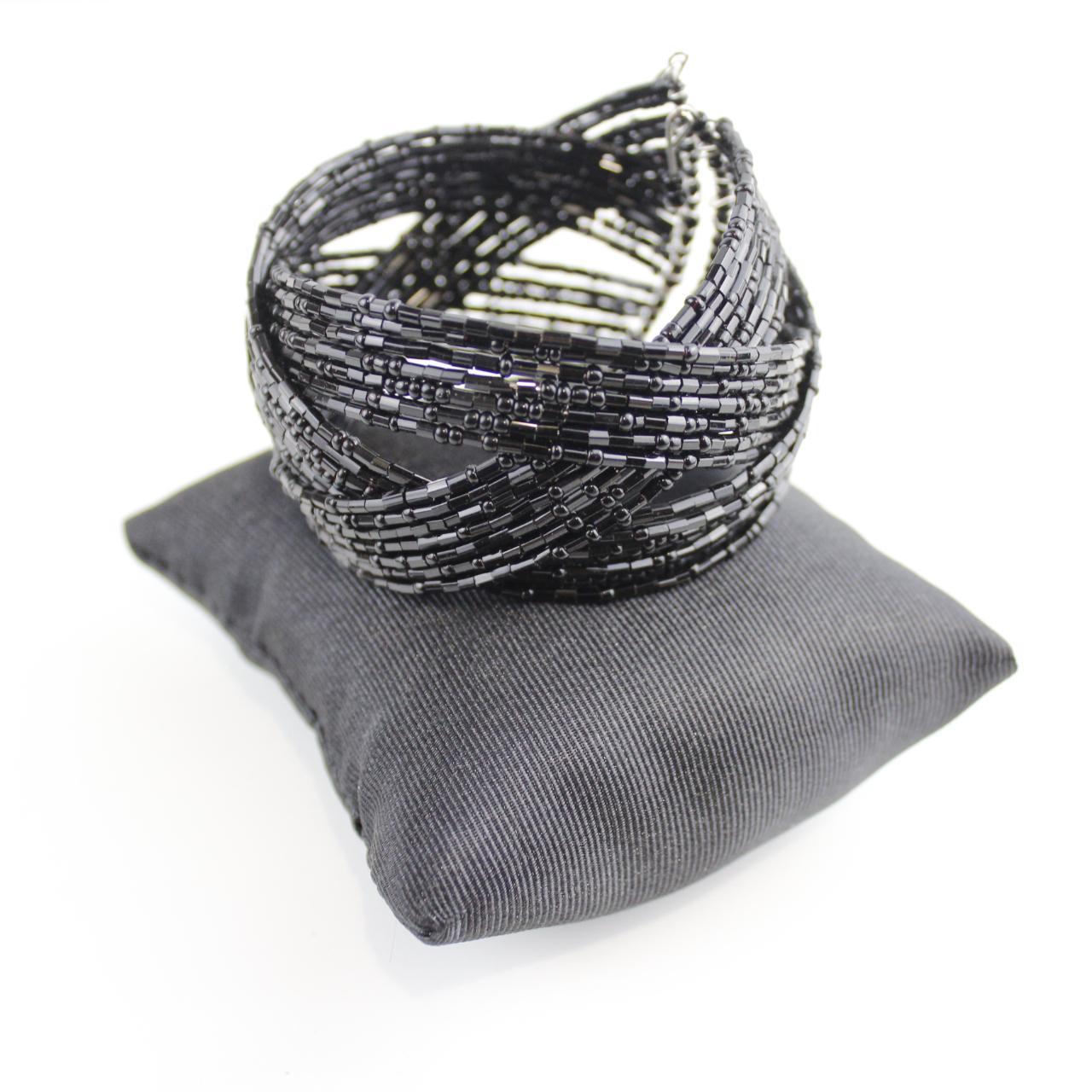 Gothic Black Beaded Cuff - Wide Bracelet - Statement Piece -