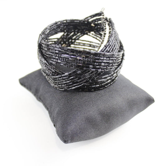Gothic Black Beaded Cuff - Wide Bracelet - Statement Piece -
