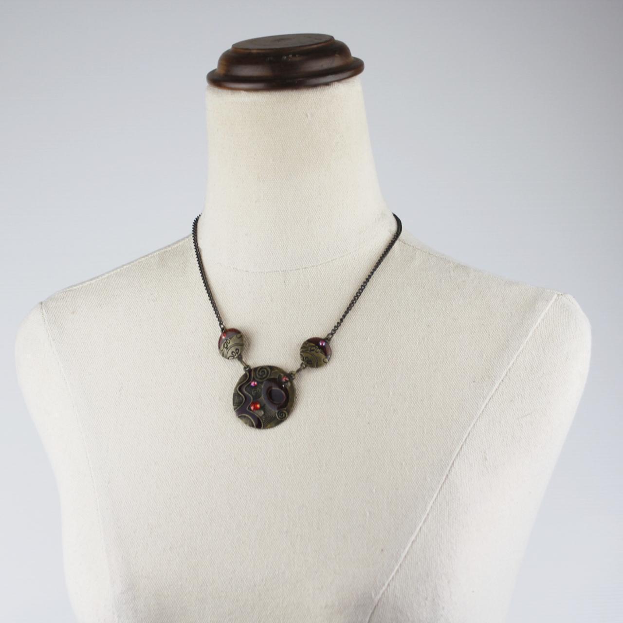 Pendant Necklace Black Chain Marbled Circular Pendant Red Pu