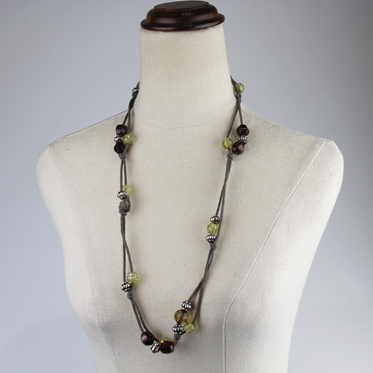 Long Multi Strand Beaded Necklace Gray Cord Brown Green Ambe