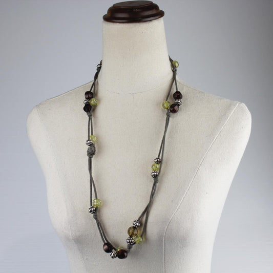 Long Multi Strand Beaded Necklace Gray Cord Brown Green Ambe