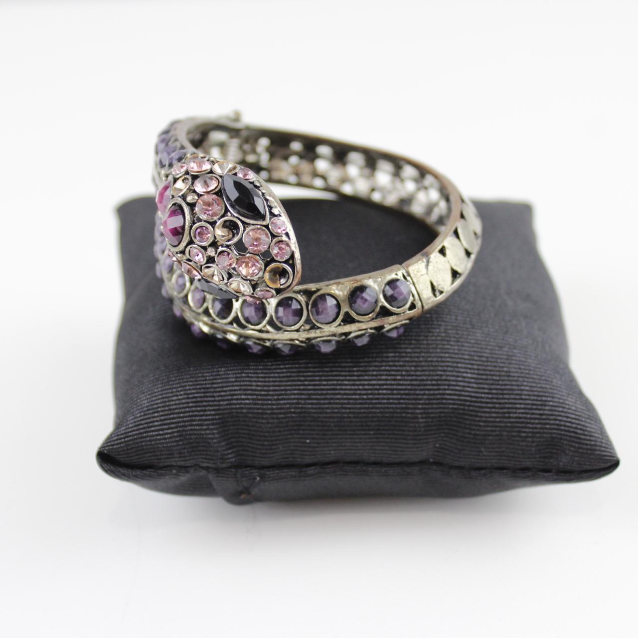Silver Tone Coiled Snake Bracelet - Purple & Pink Stones - W