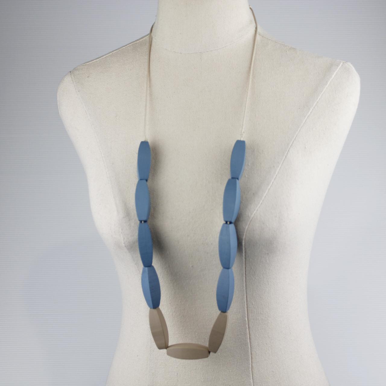 Long Beaded Necklace Blue Taupe Large Cylindrical Beads Wood