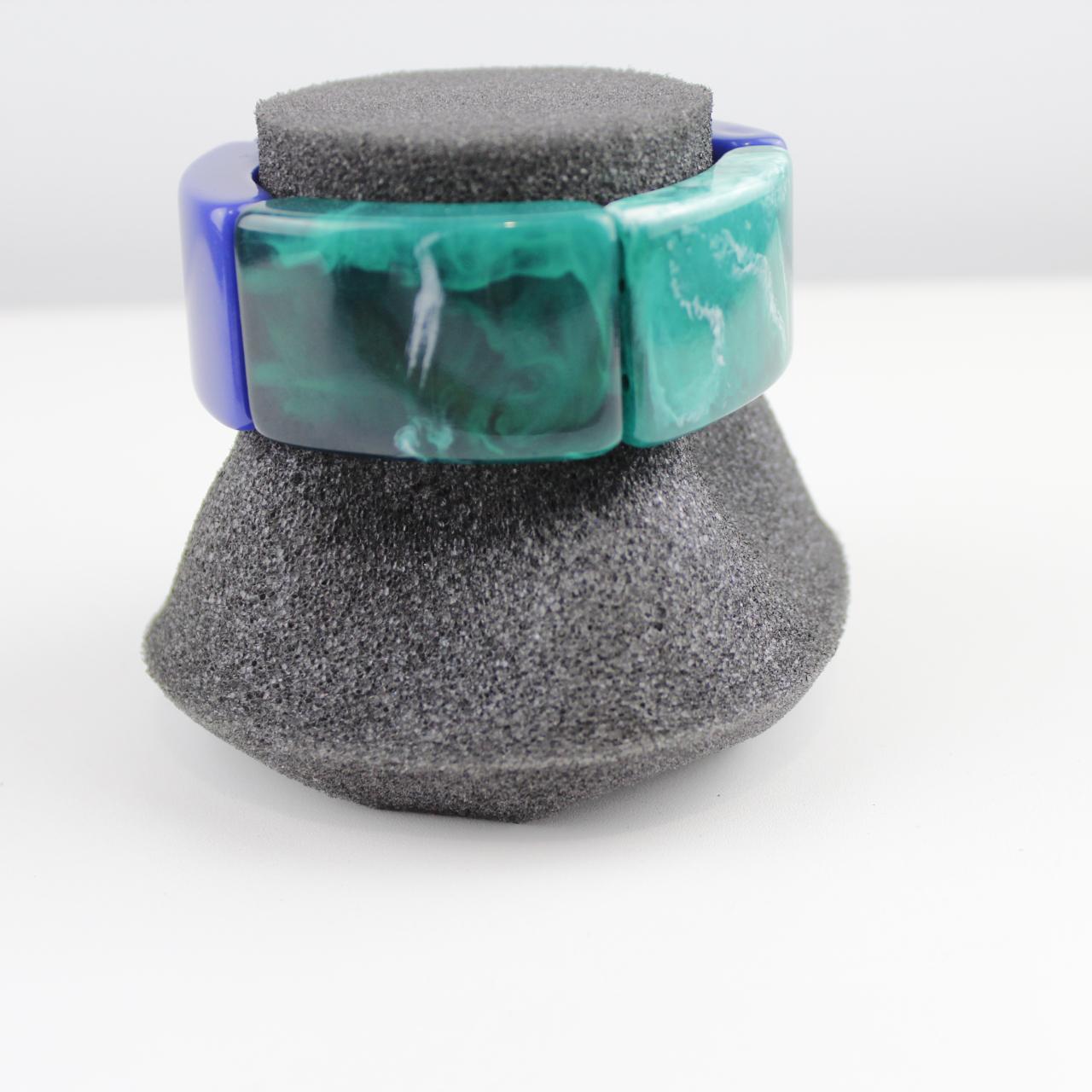 Vintage Lucite Bangle Bracelet Chunky Blue Green Marbled Mid