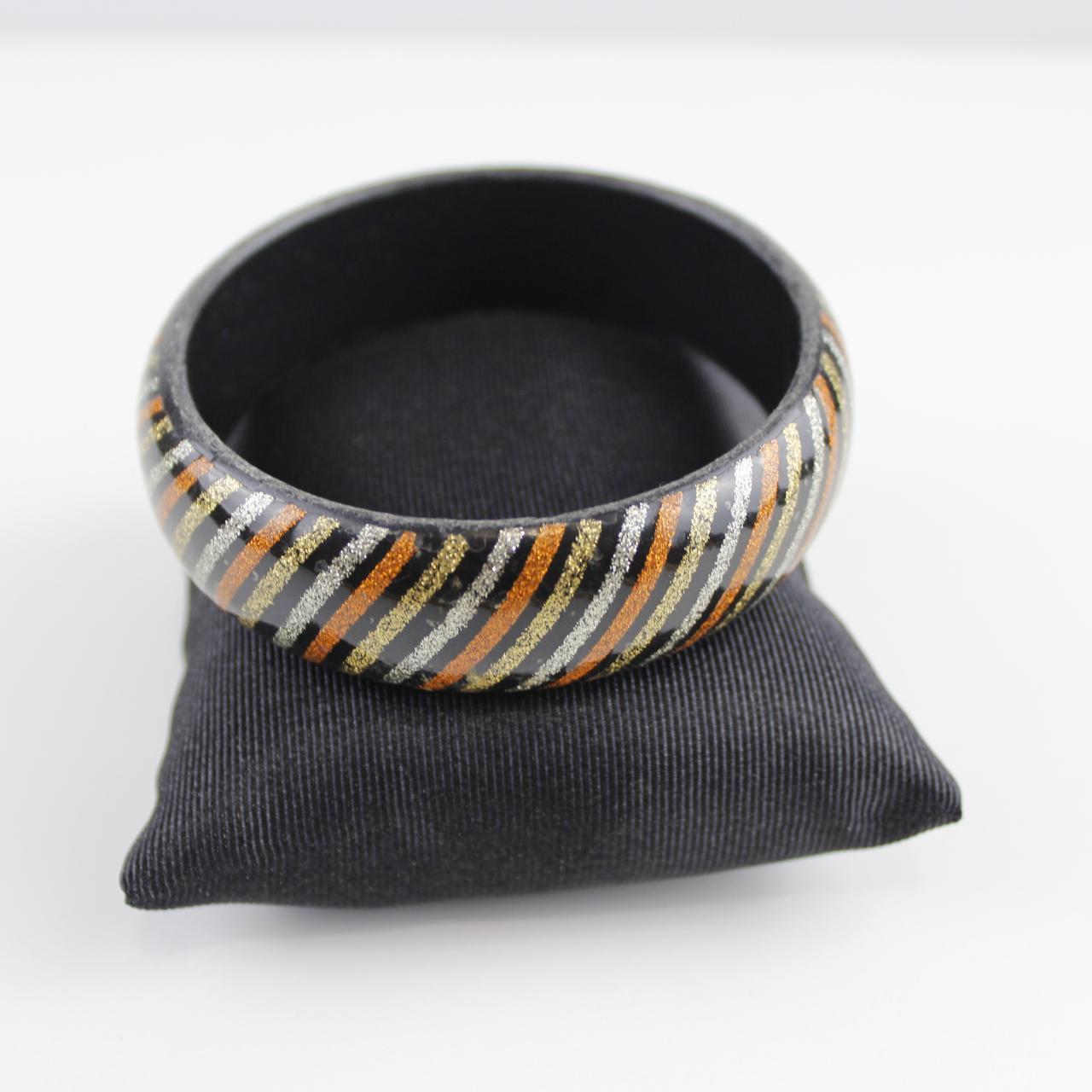 Black Chunky Bangle Bracelet with Glitter Stripes - Colorful