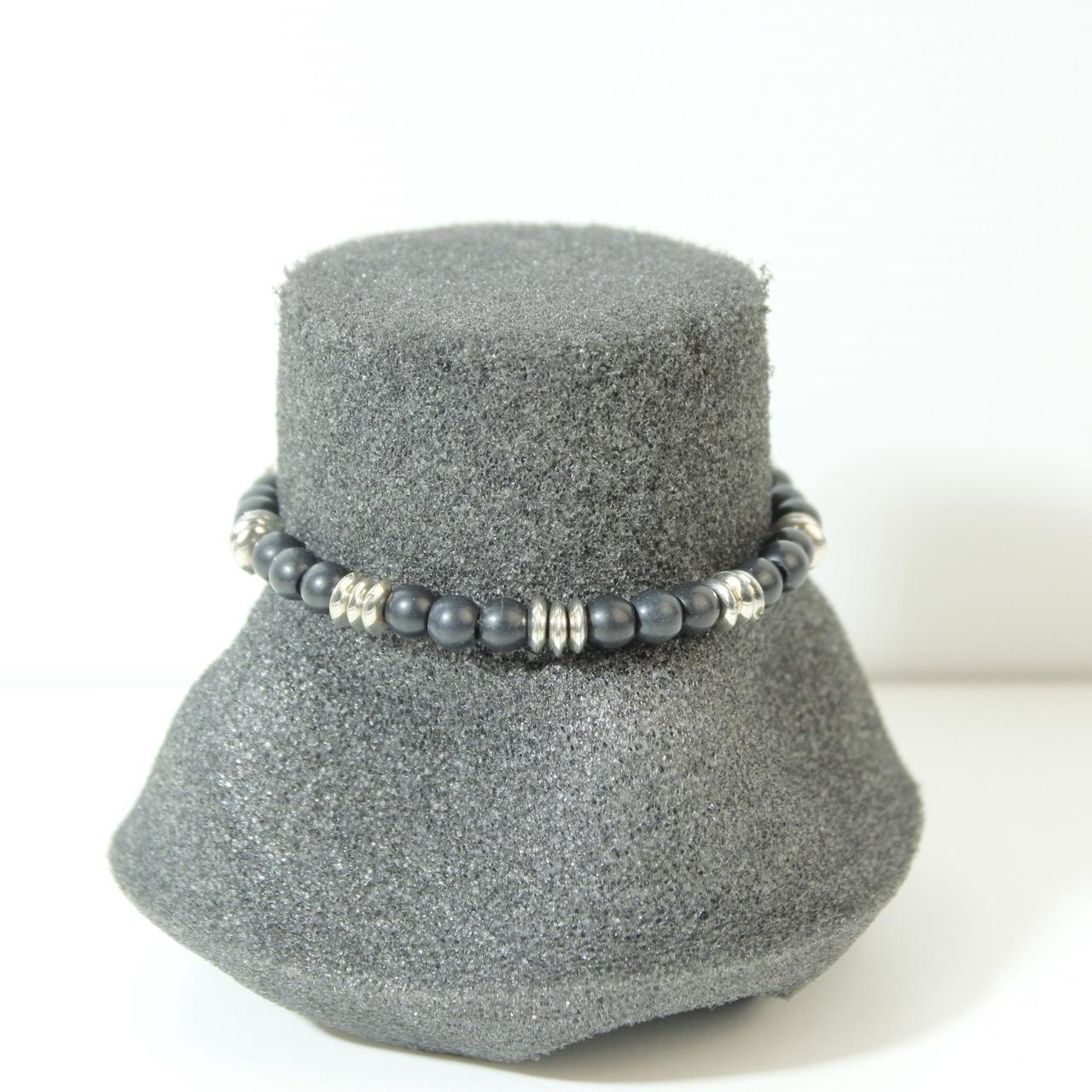 Vintage Hematite Beaded Stretch Bracelet Silver Tone Barrel Spacers Natural
