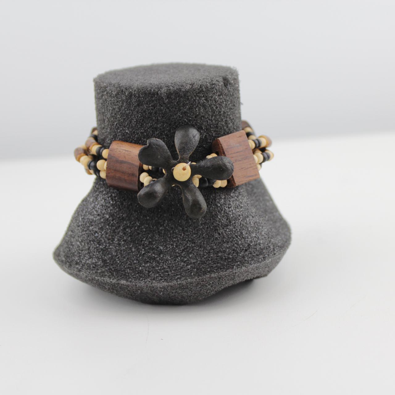 Multi Strand Beaded Bracelet Black White Beige Wooden Beads