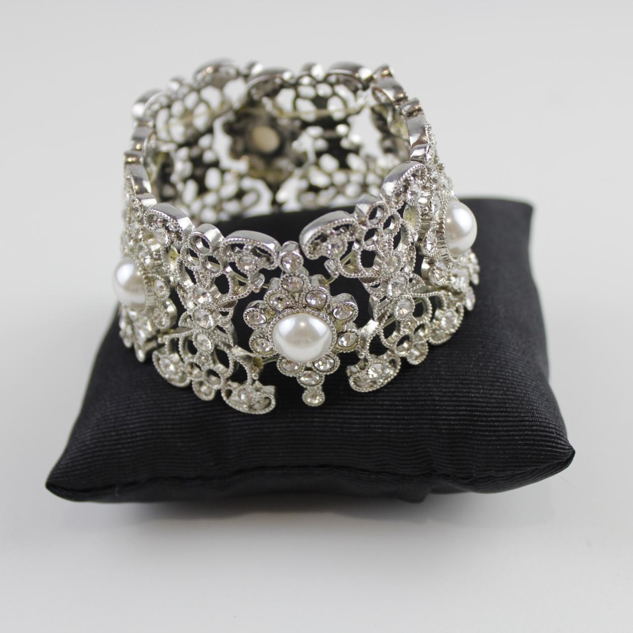 Stretch Bracelet Faux Pearls & Clear Stones Silver Tone Wide
