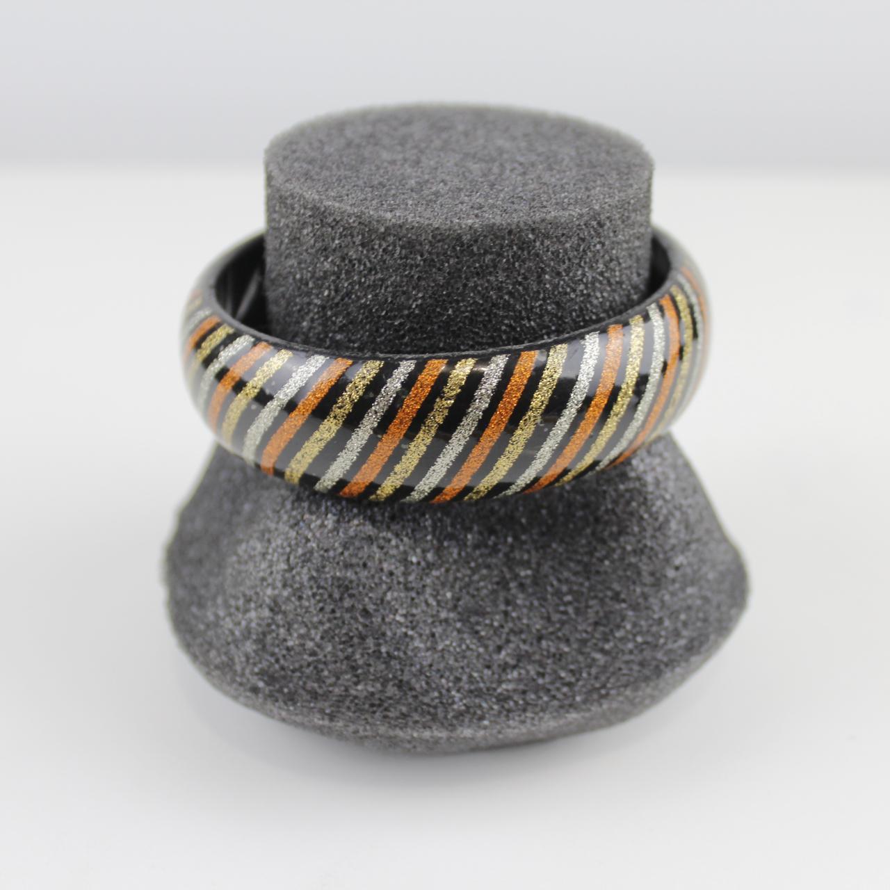 Black Chunky Bangle Bracelet with Glitter Stripes - Colorful