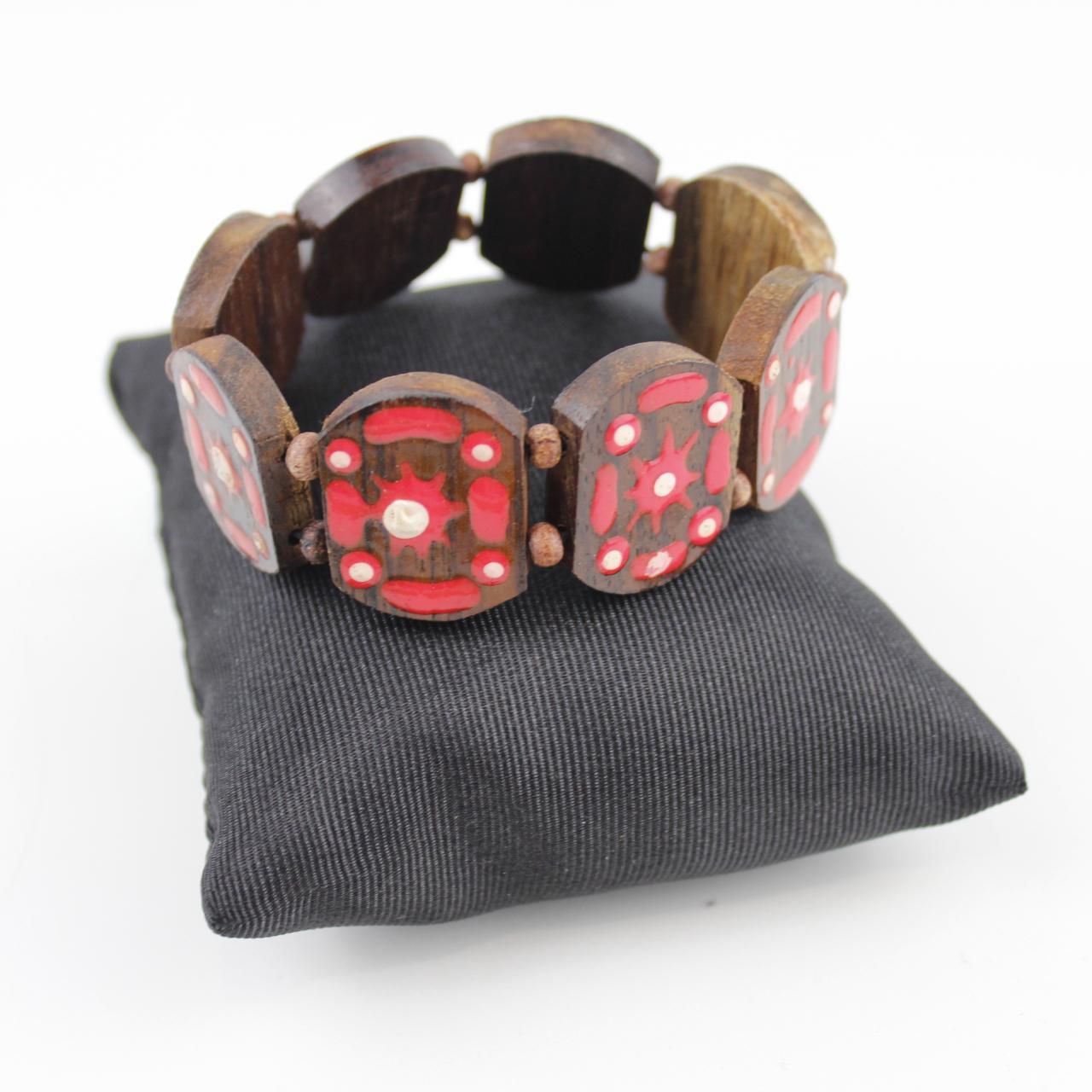 Handmade Wooden Bracelet Red White Inlay Design Ethnic Jewel