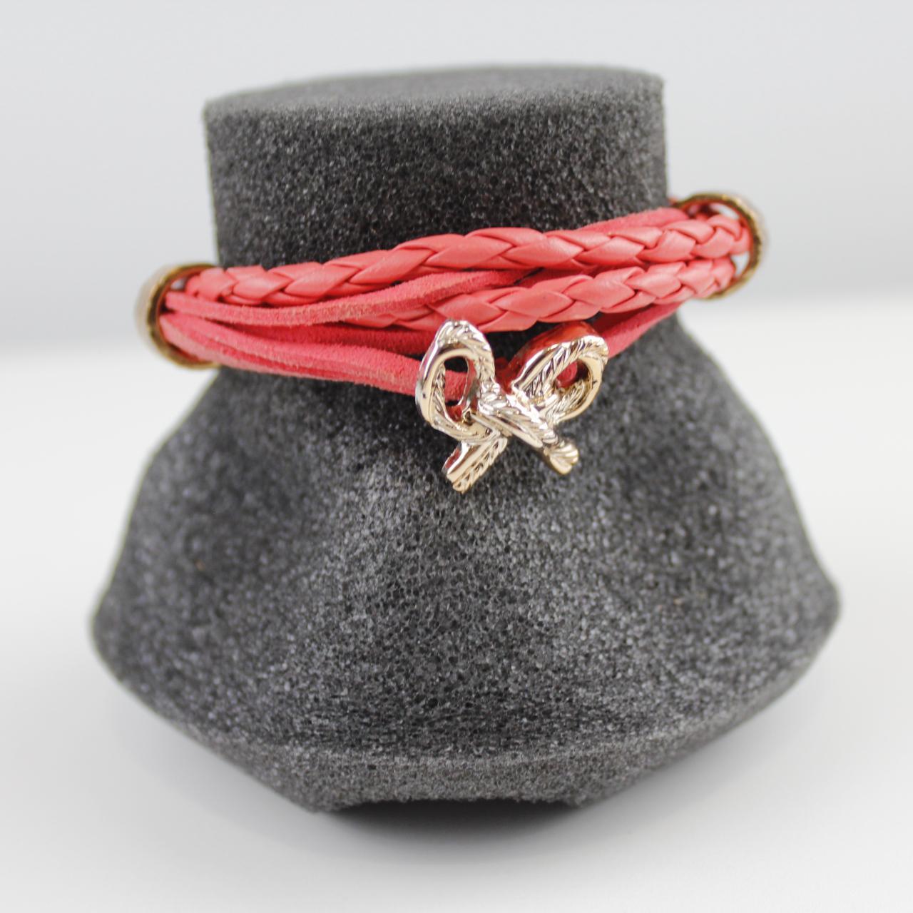 Pink Braided Bracelet Silver Bow Charm Boho Layered Fashion