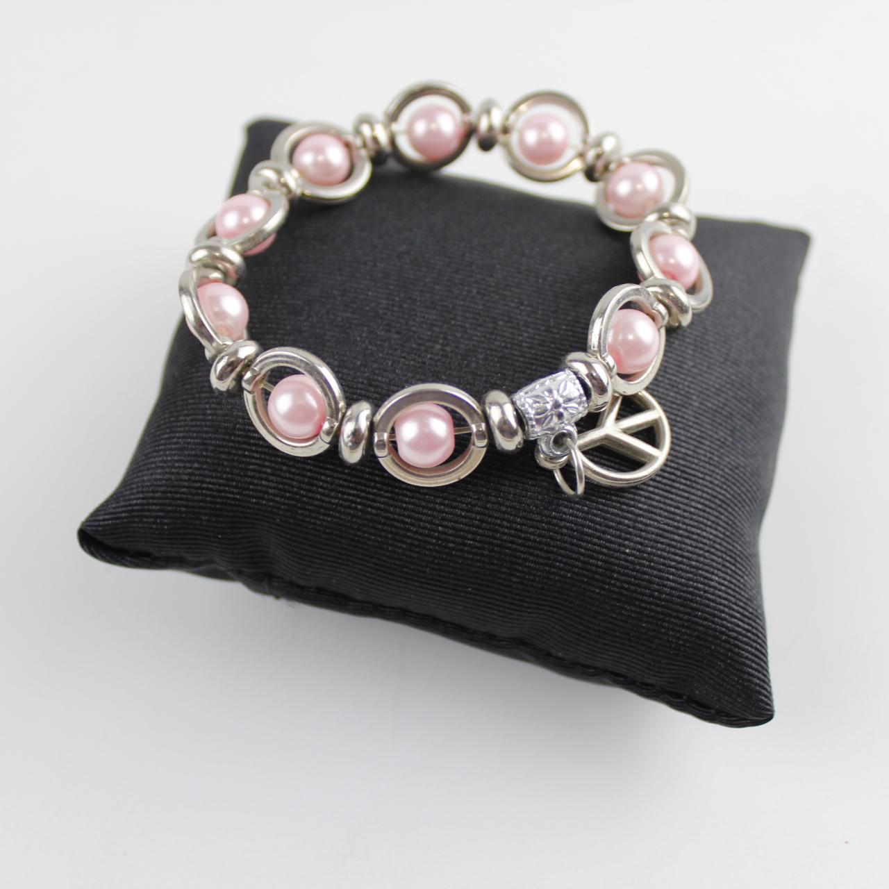 Pink Pearl & Silver Peace Sign Charm Bracelet Beaded Fashion