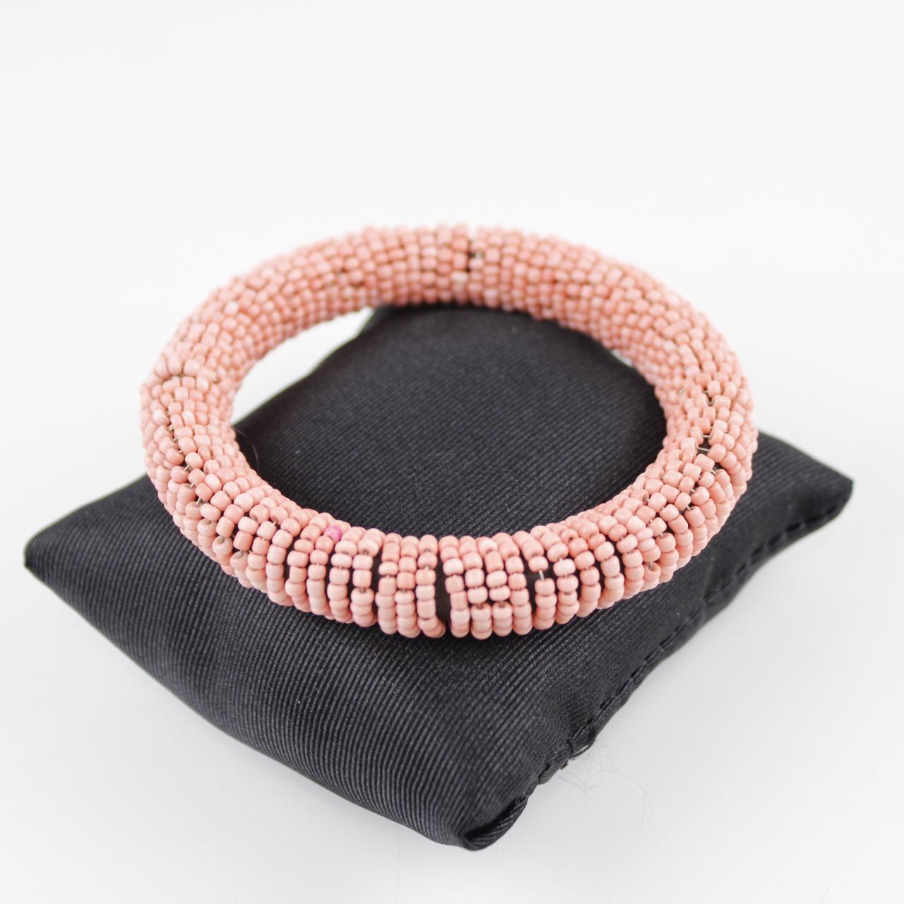 Pink Beaded Bangle Bracelet Artisan Woven Jewelry Statement