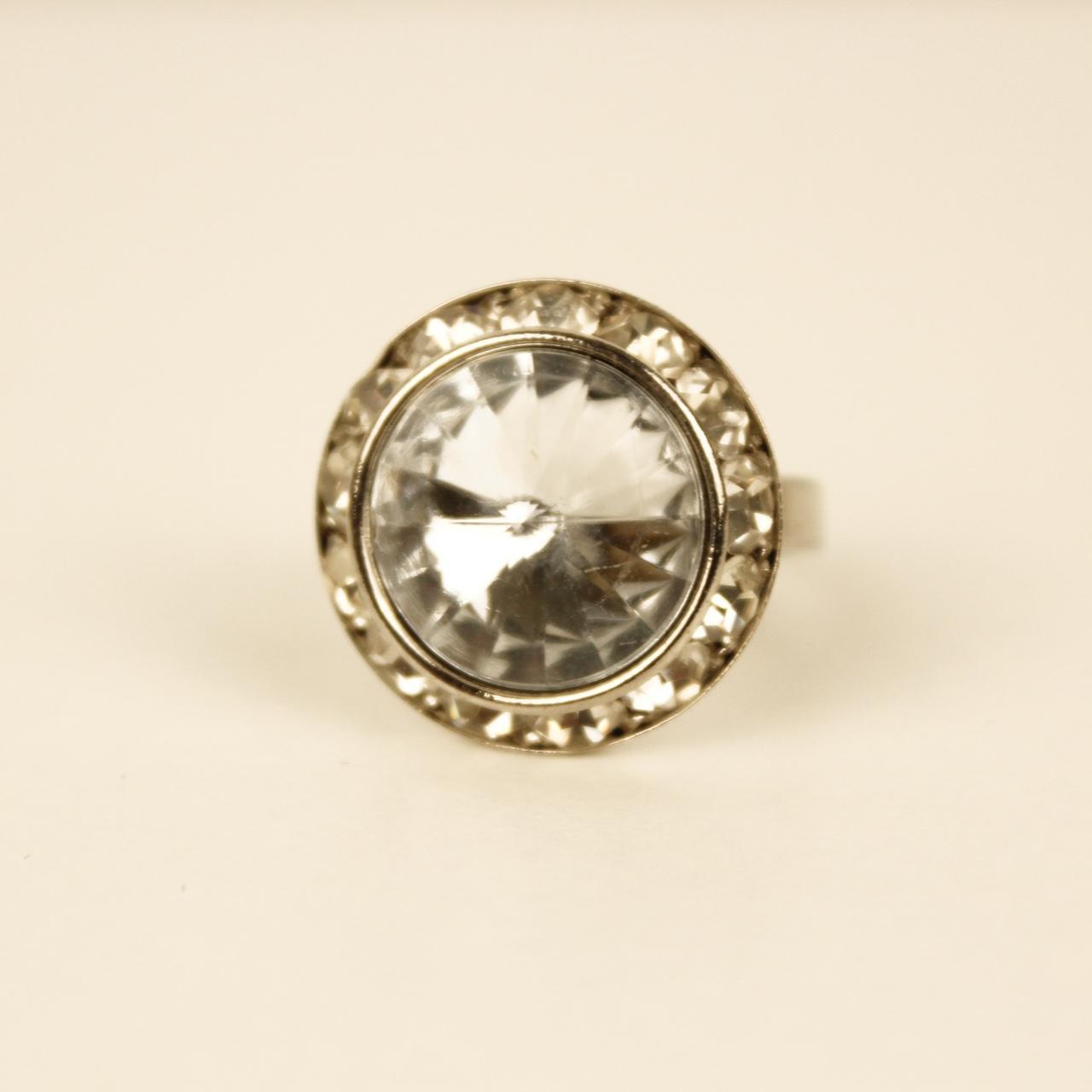 Silver Tone Cocktail Ring Size R Round Cut Clear Cluster Statement Glamour