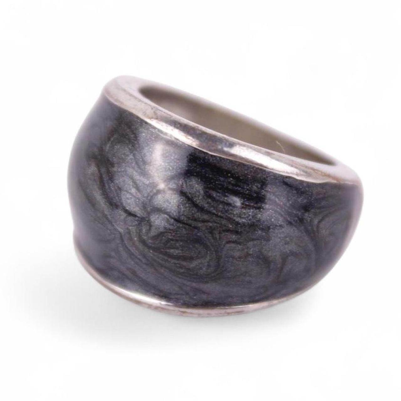 Silver Tone Black Enamel Dome Ring Marbled Swirl Statement Chunky Bold Jewellery